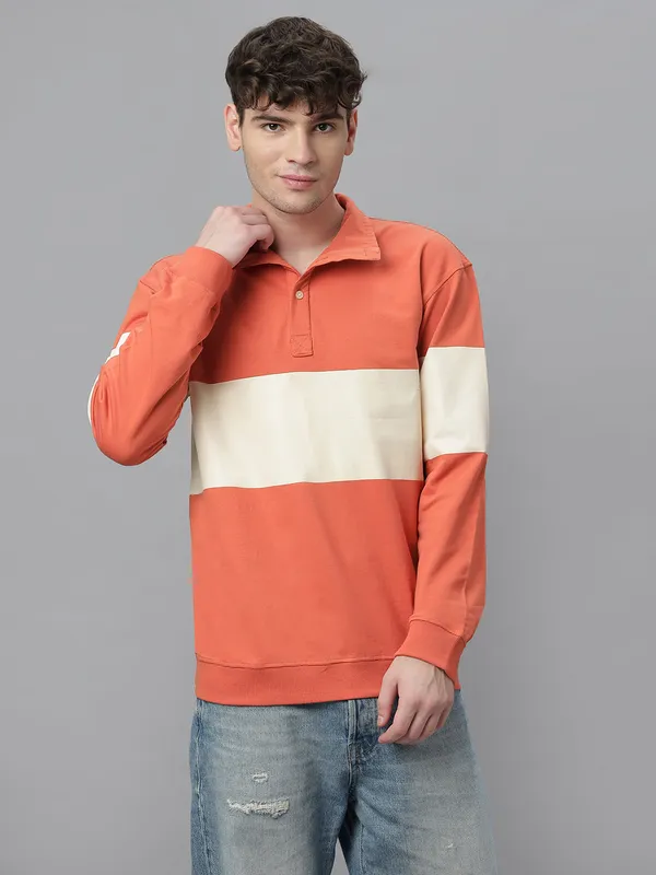 Orange_Cotton_Collar_Neck_Full_Sleeves_Oversized_T-Shirt_For_Unisex