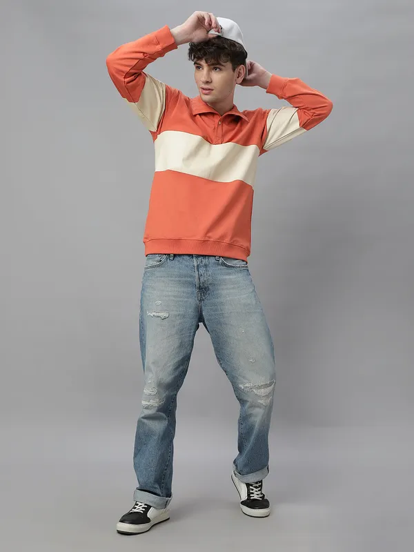Orange_Cotton_Collar_Neck_Full_Sleeves_Oversized_T-Shirt_For_Unisex