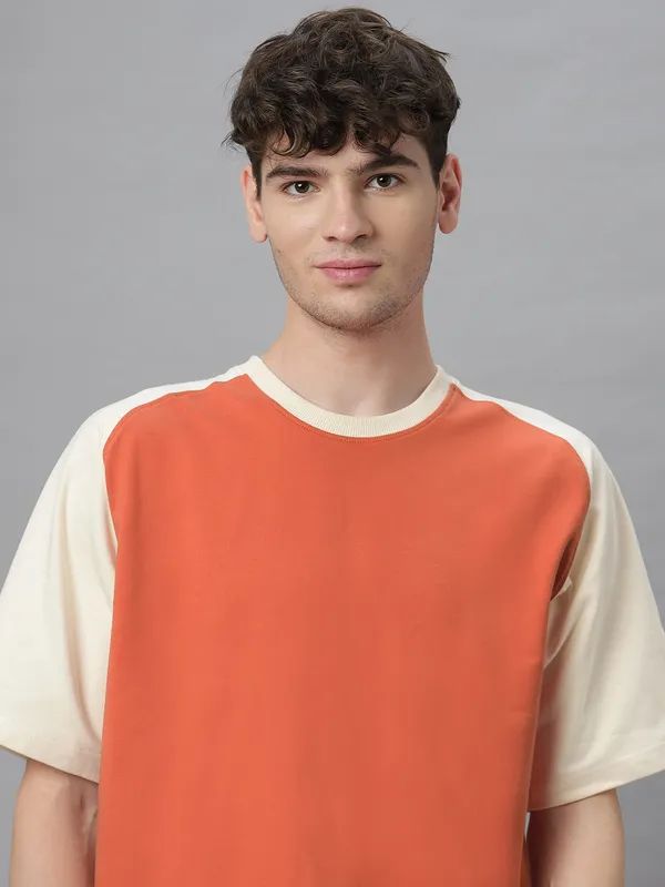 Off-White_&_Orange_Cotton_Round_Neck_Half_Sleeves_Loose_Fit_Raglan_T-Shirt_For_Men