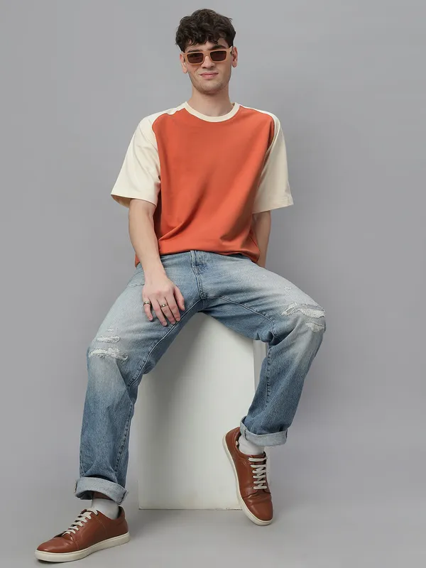 Off-White_&_Orange_Cotton_Round_Neck_Half_Sleeves_Loose_Fit_Raglan_T-Shirt_For_Men