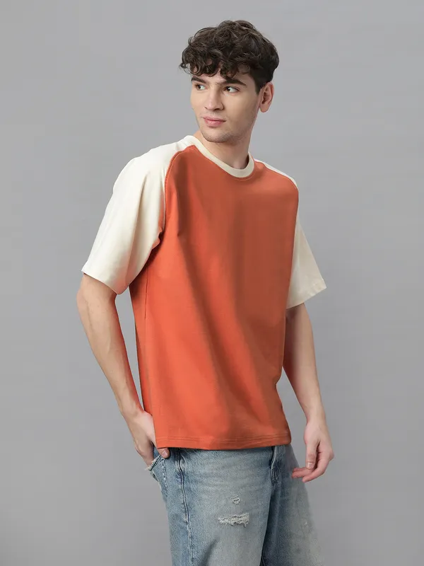 Off-White_&_Orange_Cotton_Round_Neck_Half_Sleeves_Loose_Fit_Raglan_T-Shirt_For_Men