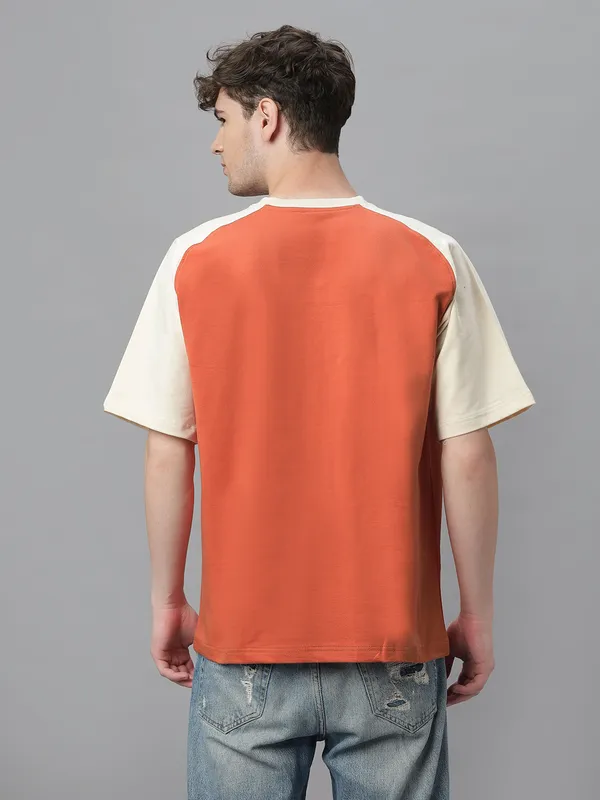 Off-White_&_Orange_Cotton_Round_Neck_Half_Sleeves_Loose_Fit_Raglan_T-Shirt_For_Men