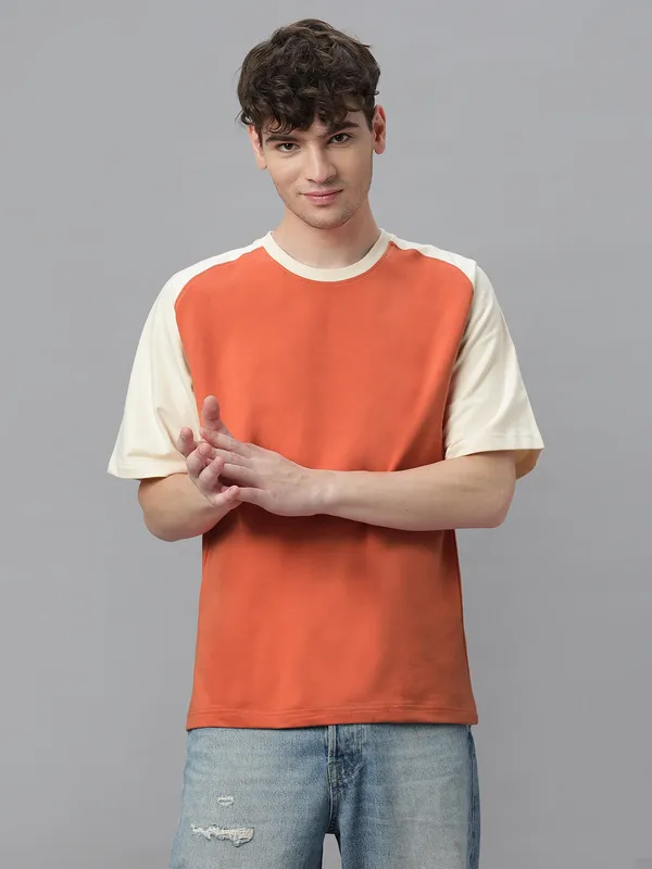 Off-White_&_Orange_Cotton_Round_Neck_Half_Sleeves_Loose_Fit_Raglan_T-Shirt_For_Men