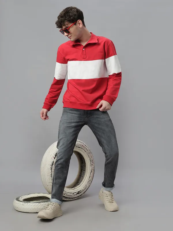 Red_Cotton_Collar_Neck_Full_Sleeves_Oversized_T-Shirt_For_Unisex
