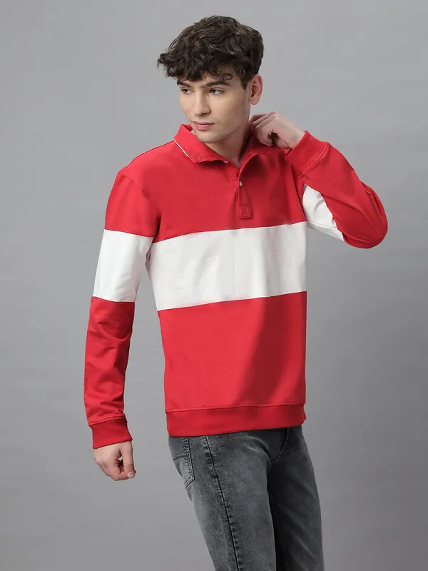 Red_Cotton_Collar_Neck_Full_Sleeves_Oversized_T-Shirt_For_Unisex