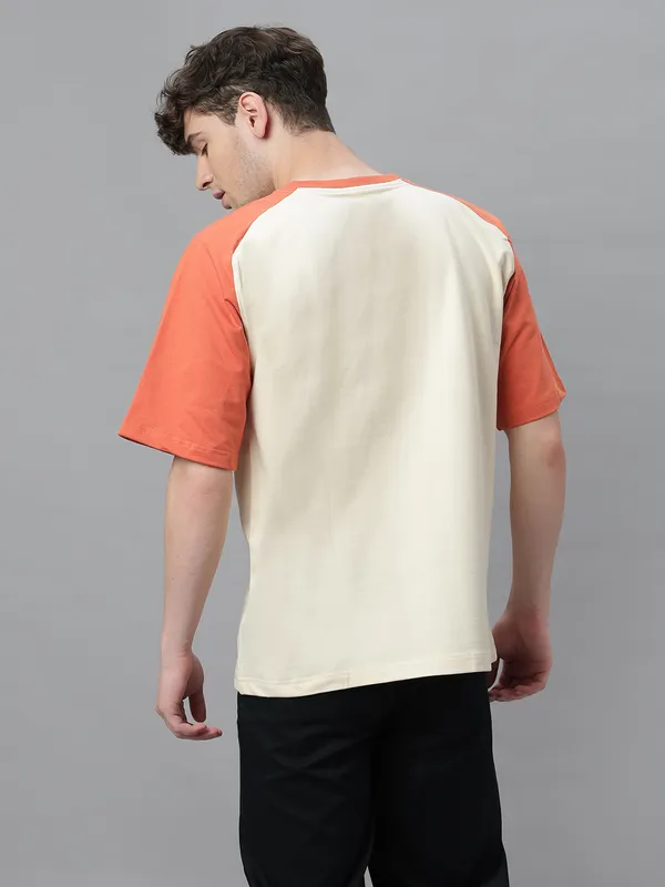 Off-White_&_Orange_Cotton_Round_Neck_Half_Sleeves_Loose_Fit_Raglan_T-Shirt_For_Men