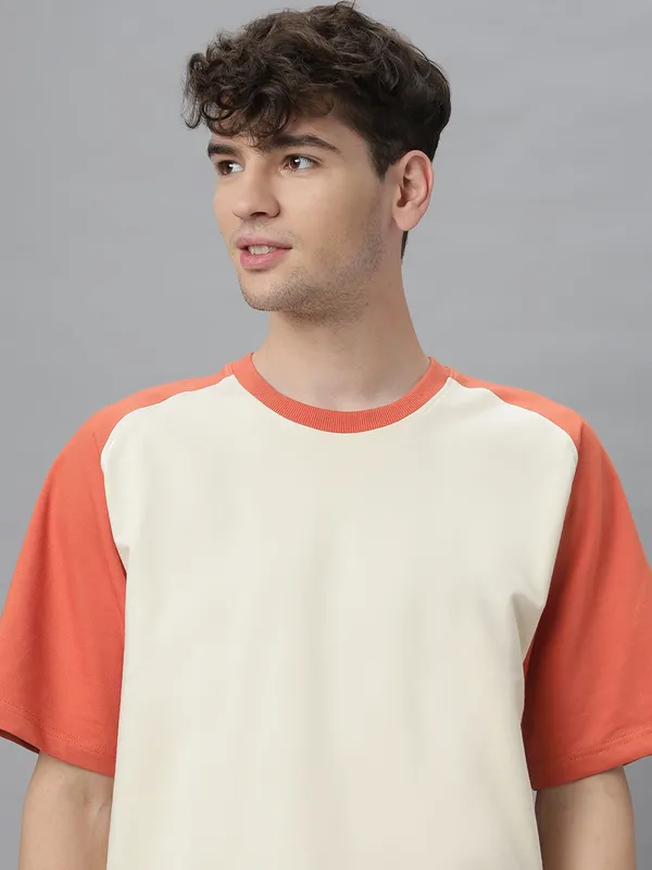 Off-White_&_Orange_Cotton_Round_Neck_Half_Sleeves_Loose_Fit_Raglan_T-Shirt_For_Men