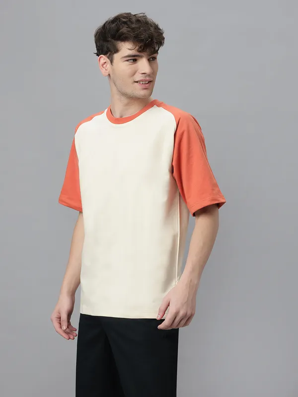 Off-White_&_Orange_Cotton_Round_Neck_Half_Sleeves_Loose_Fit_Raglan_T-Shirt_For_Men