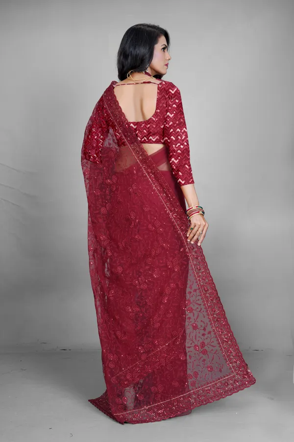 Red_Preimium_&_Elegant_Net_Saree_For_Women