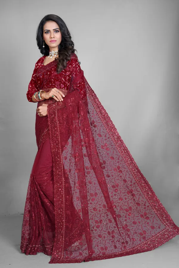 Red_Preimium_&_Elegant_Net_Saree_For_Women