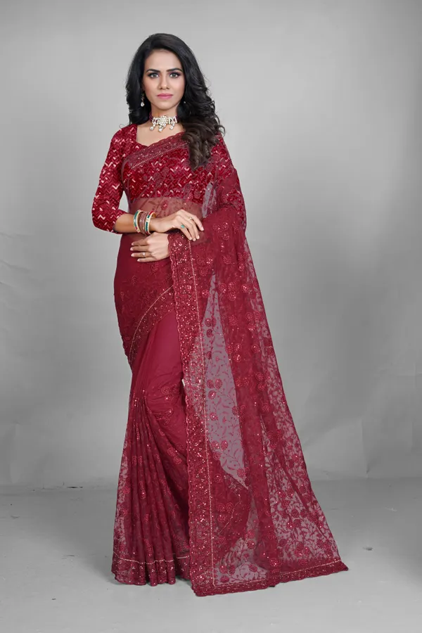 Red_Preimium_&_Elegant_Net_Saree_For_Women