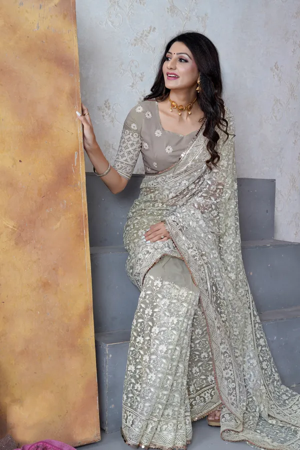 Grey_Preimium_&_Elegant_Net_Chikan_Embroidered_Saree_For_Women