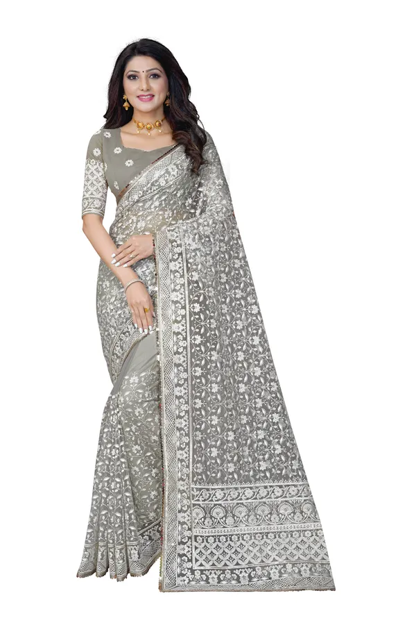 Grey_Preimium_&_Elegant_Net_Chikan_Embroidered_Saree_For_Women