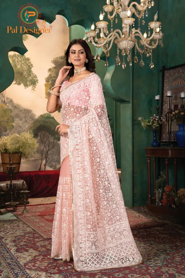 Peach_Preimium_&_Elegant_Net_Saree_With_Un-Stitched_Blouse_For_Women