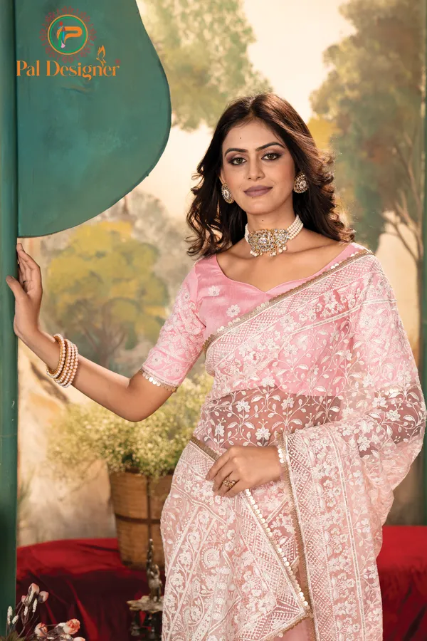Peach_Preimium_&_Elegant_Net_Saree_With_Un-Stitched_Blouse_For_Women