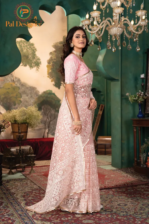 Peach_Preimium_&_Elegant_Net_Saree_With_Un-Stitched_Blouse_For_Women