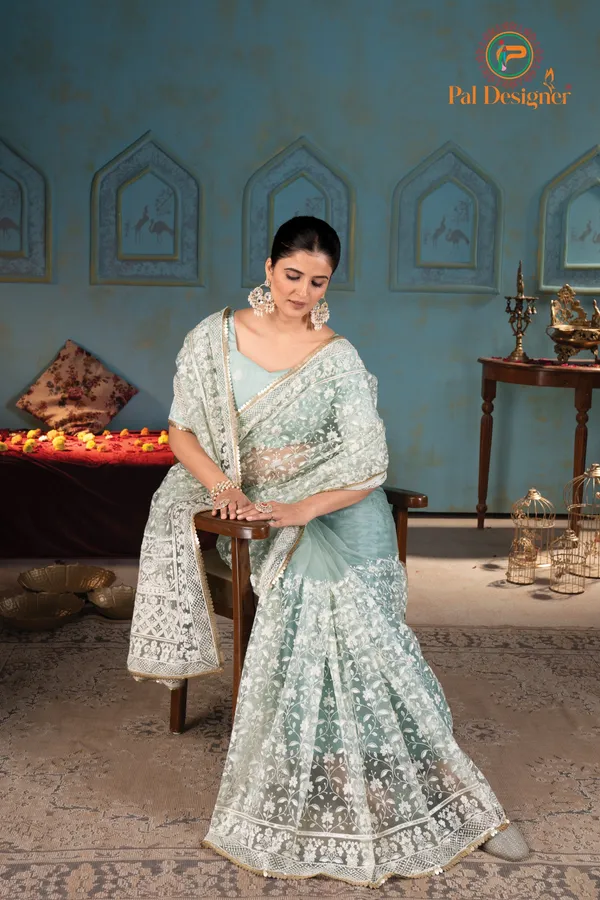 Mehndi_Preimium_&_Elegant_Net_Saree_With_Blouse_For_Women