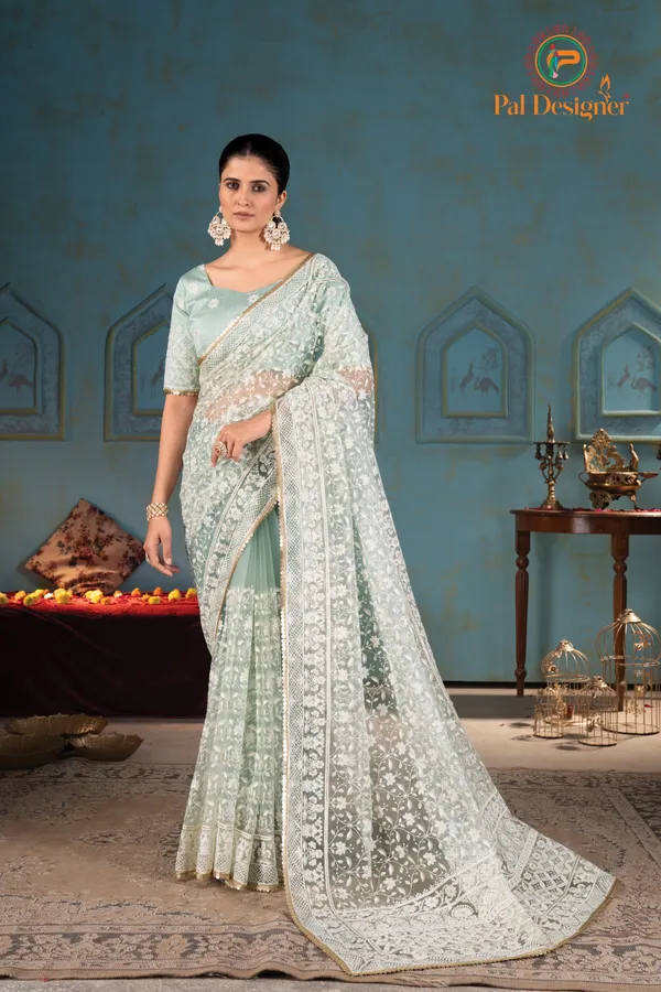 Mehndi_Preimium_&_Elegant_Net_Saree_With_Blouse_For_Women