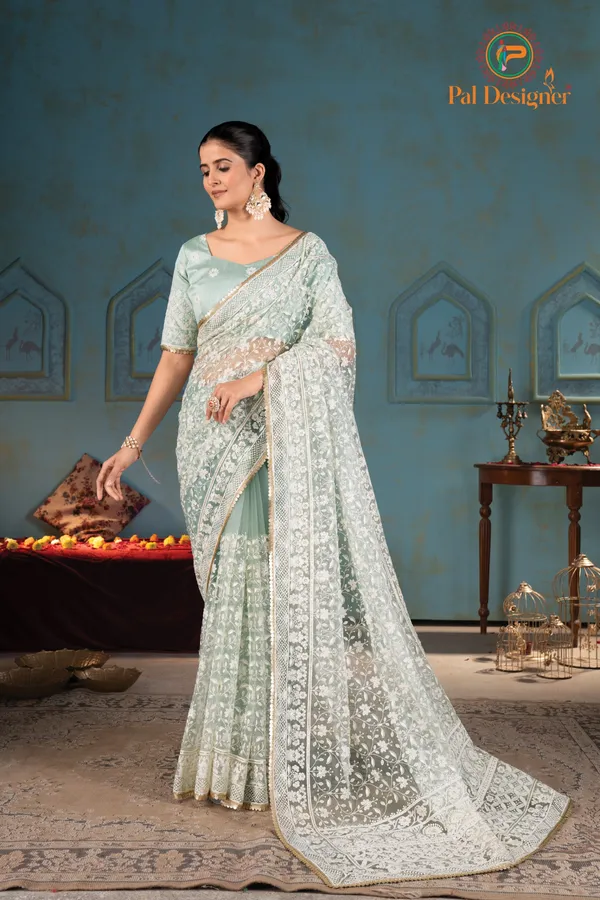 Mehndi_Preimium_&_Elegant_Net_Saree_With_Blouse_For_Women