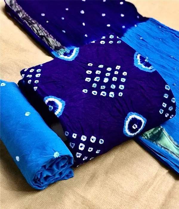 Unstitched_Blue_&_Firoji_Pure_Cotton_Bandhni_Dress_Material_For_Women