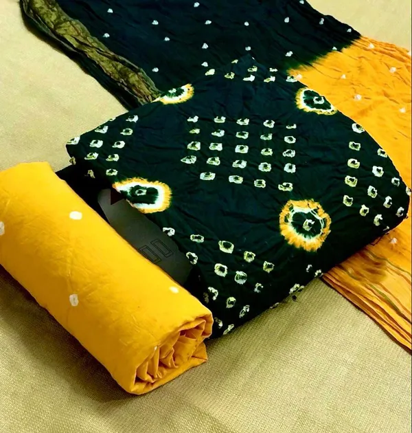 Unstitched_Green_&_Yellow_Pure_Cotton_Bandhni_Dress_Material_For_Women