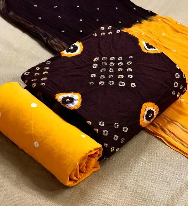 Unstitched_Maroon_&_Yellow_Pure_Cotton_Bandhni_Dress_Material_For_Women