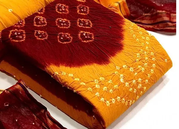 Unstitched_Red_&_Yellow_Pure_Cotton_Bandhni_Dress_Material_For_Women