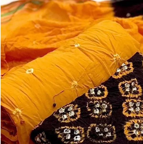 Unstitched_Yellow_&_Coffee_Pure_Cotton_Bandhni_Dress_Material_For_Women
