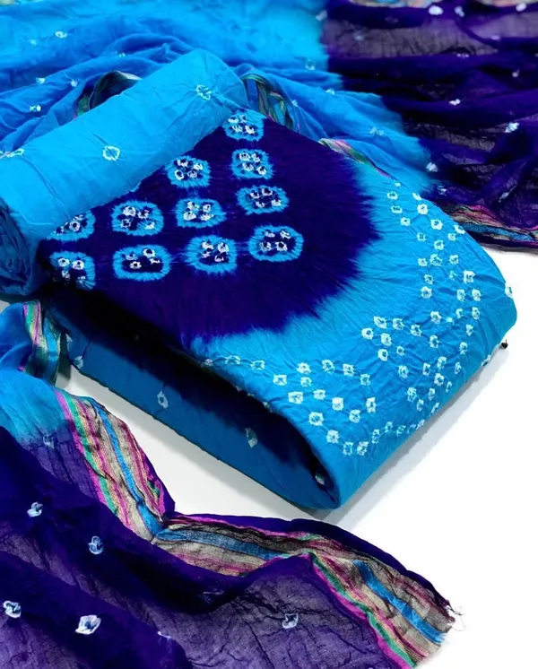 Unstitched_Firoji_&_Blue_Pure_Cotton_Bandhni_Dress_Material_For_Women