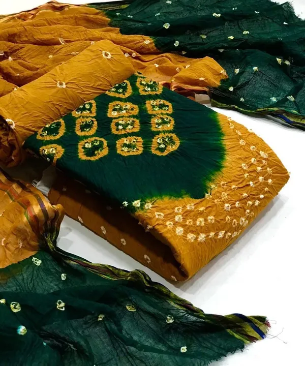 Unstitched_Green_&_Mustred_Pure_Cotton_Bandhni_Dress_Material_For_Women