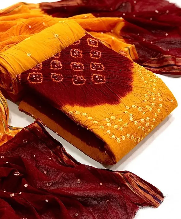 Unstitched_Red_&_Yellow_Pure_Cotton_Bandhni_Dress_Material_For_Women