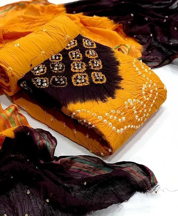 Unstitched_Yellow_&_Coffee_Pure_Cotton_Bandhni_Dress_Material_For_Women