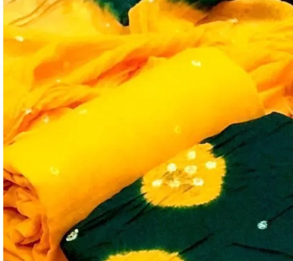 Unstitched_Green_&_Yellow_Pure_Cotton_Bandhni_Dress_Material_For_Women