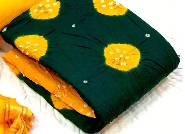Unstitched_Green_&_Yellow_Pure_Cotton_Bandhni_Dress_Material_For_Women