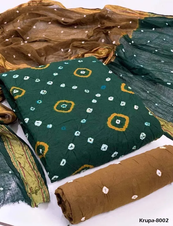 Unstitched_Green_&_Coffee_Pure_Cotton_Bandhni_Dress_Material_For_Women
