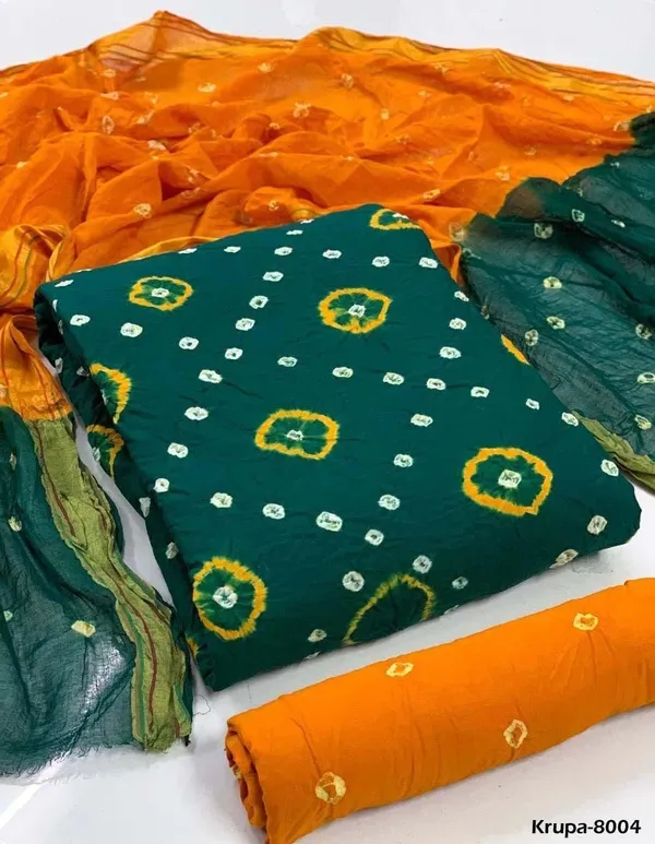 Unstitched_Green_&_Yellow_Pure_Cotton_Bandhni_Dress_Material_For_Women