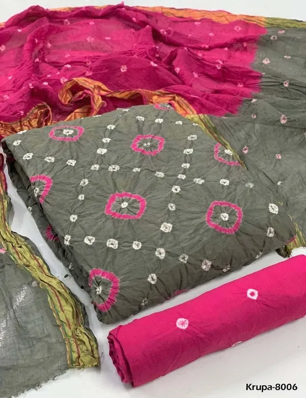 Unstitched_Grey_&_Pink_Pure_Cotton_Bandhni_Dress_Material_For_Women