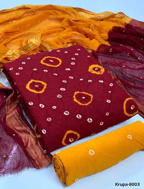 Unstitched_Red_&_Yellow_Pure_Cotton_Bandhni_Dress_Material_For_Women