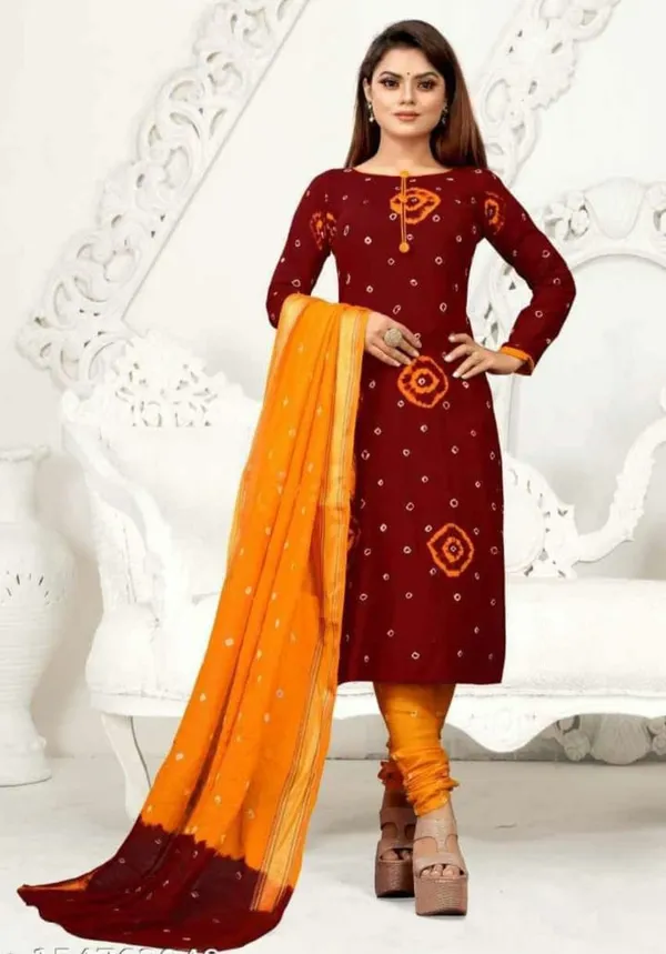 Unstitched_Blue_&_Firoji_Pure_Cotton_Bandhni_Dress_Material_For_Women