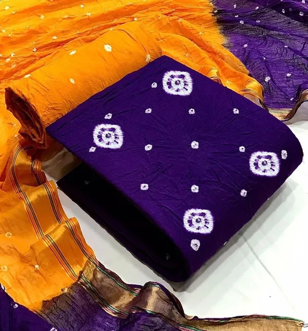 Unstitched_Purple_&_Yellow_Pure_Cotton_Bandhni_Dress_Material_For_Women