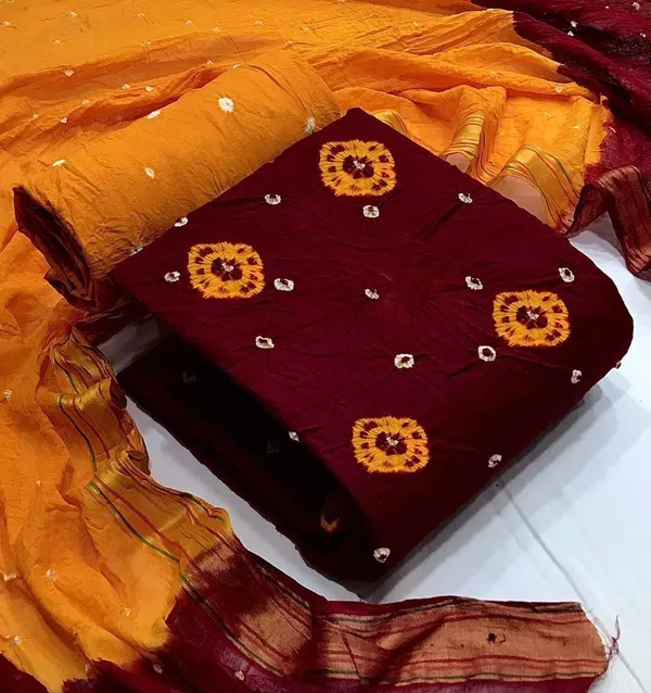 Unstitched_Red_&_Yellow_Pure_Cotton_Bandhni_Dress_Material_For_Women