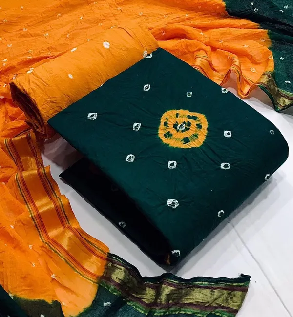 Unstitched_Green_&_Yellow_Pure_Cotton_Bandhni_Dress_Material_For_Women