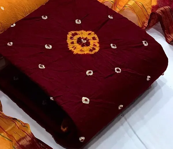 Unstitched_Red_&_Yellow_Pure_Cotton_Bandhni_Dress_Material_For_Women