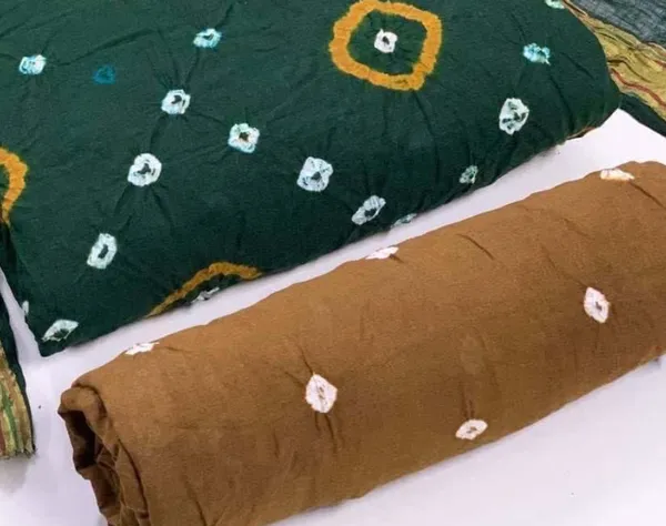 Unstitched_Green_&_Coffee_Pure_Cotton_Bandhni_Dress_Material_For_Women