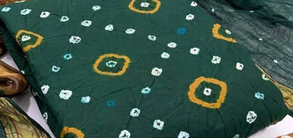 Unstitched_Green_&_Coffee_Pure_Cotton_Bandhni_Dress_Material_For_Women