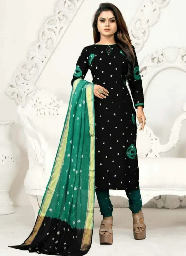 Unstitched_Blue_&_Firoji_Pure_Cotton_Bandhni_Dress_Material_For_Women