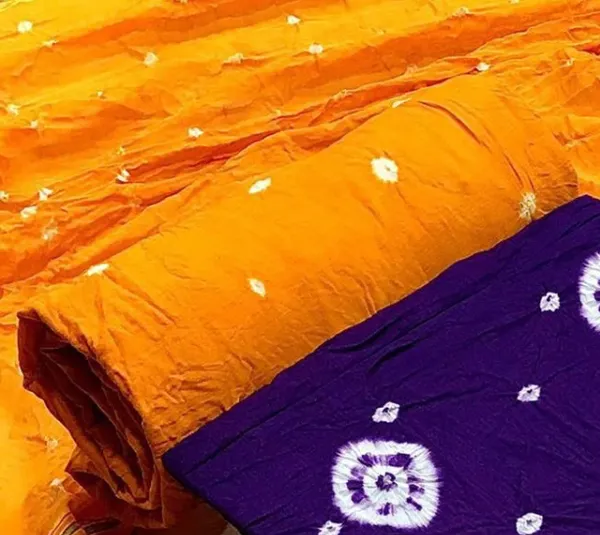 Unstitched_Purple_&_Yellow_Pure_Cotton_Bandhni_Dress_Material_For_Women