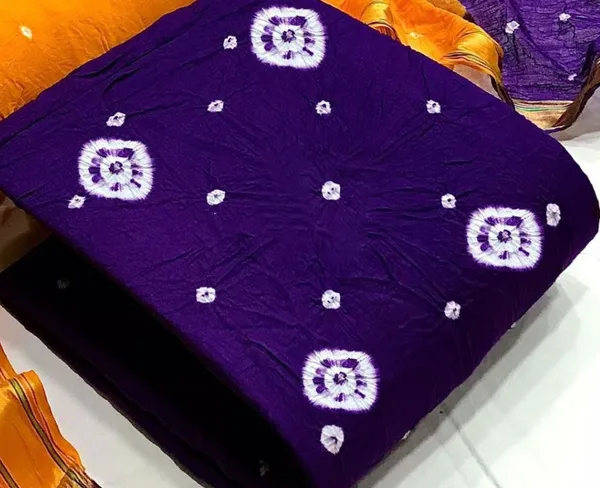 Unstitched_Purple_&_Yellow_Pure_Cotton_Bandhni_Dress_Material_For_Women
