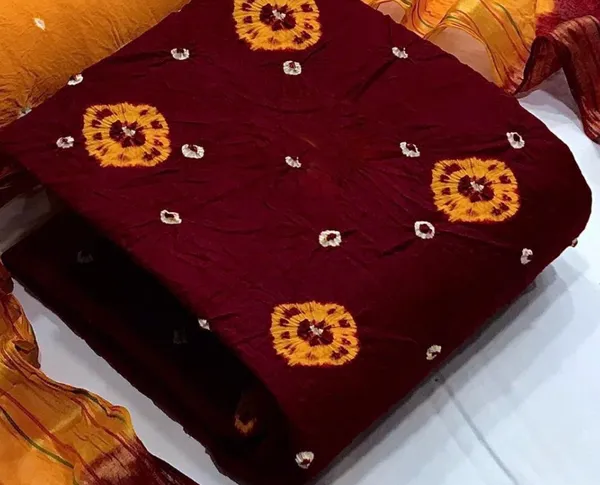 Unstitched_Red_&_Yellow_Pure_Cotton_Bandhni_Dress_Material_For_Women