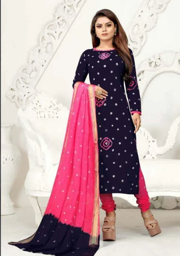 Unstitched_Blue_&_Firoji_Pure_Cotton_Bandhni_Dress_Material_For_Women